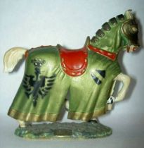 Starlux - Middle-age - serie 60 - ref 6113 - mounted with streamer & black cape on 1961 walking white horse with green jousting 