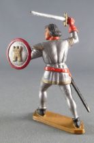 Starlux - Moyen-âge - Série 58 - réf 6004 (socle gris version 62) - Piéton Seigneur Combattant (gris métal & rouge)