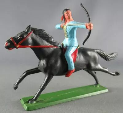 Starlux - Sioux S�rie Ordinaire 65 - Cavalier Tireur � l\'arc (bleu) cheval noir galop (r�f 434)