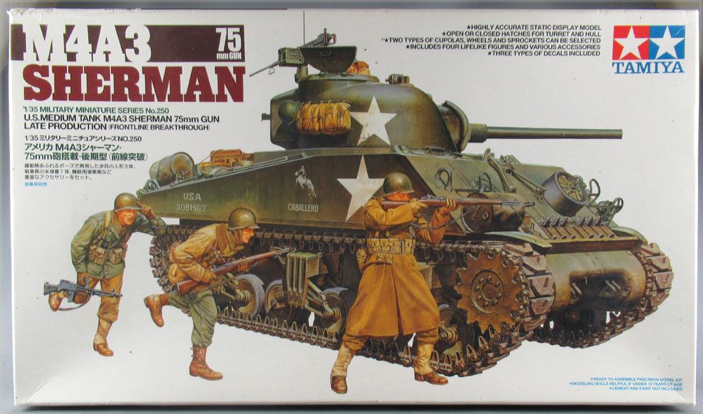 Tamiya 35250 WW2 US Medium Tank M4A3 Sherman 75mm Gun 1:35 Military  Miniatures Series n°250 MIB