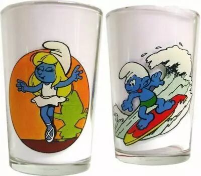 The Smurfs - Mustard glass Benedictin - Dancing Smurfette & Surfer Smurf