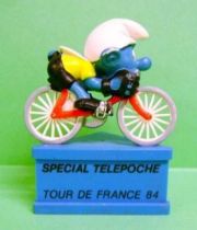 The Smurfs - Schleich - Cyclist Smurf  \'\'Spécial Télépoche - Tour de France 84\'\' (blue base)