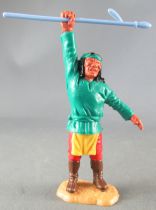 Timpo - Apaches - Piéton bras droit levé (lance bleue) torse vert jambes droites (pagne jaune pantalon rouge bottes brunes)