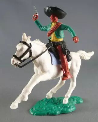 Timpo - Mexicains - Cavalier ceinture moul�e bras droit lev� veste verte r�volver pantalon marron sombrero noir cheval blanc