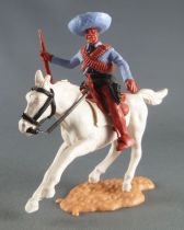 Timpo - Mexicains - Cavalier ceinture moulée bras droit tendu veste bleue winchester pantalon marron sombrero bleu cheval blanc