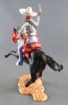 Timpo - Mexicains - Cavalier ceinture séparée bras droit levé veste grise revolver pantalon bleu sombrero blanc cheval noir galo