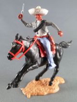 Timpo - Mexicains - Cavalier ceinture séparée bras droit levé veste grise revolver pantalon bleu sombrero blanc cheval noir galo