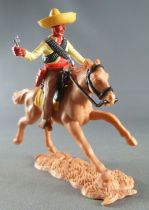 Timpo - Mexicains - Cavalier ceinture séparée bras droit tendu veste jaune révolver pantalon crème sombrero jaune cheval baie