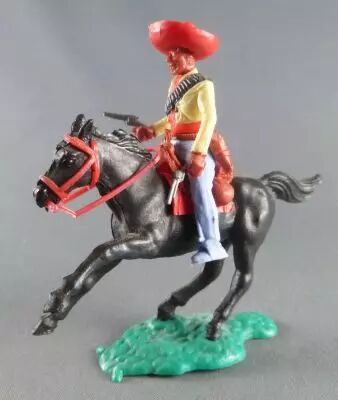 Timpo - Mexicains - Cavalier ceinture s�par�e bras gauche en bas veste jaune 2 r�volvers pantalon bleu sombrero rouge cheval noi