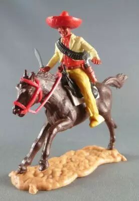 Timpo - Mexicains - Cavalier ceinture s�par�e pose du couteau veste jaune pantalon jaune citron sombrero rouge cheval brun galop