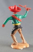 Timpo - Mexicains - Piéton bras droit levé veste verte (fouet) sombrero rouge jambes crèmes pied droit vers la droite