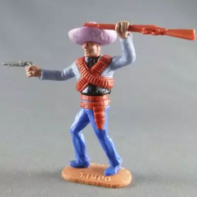 Timpo - Mexicans - Footed left arm raised blue jacket ( pistol & winchester) lilac hat blue legs advancing legs