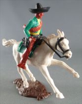 Timpo - Mexicans - Mounted (moulded belt) left arm down green jacket (winchester & pistol) brown legs black hat white galloping 