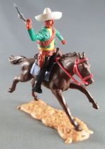 Timpo - Mexicans - Mounted (moulded belt) right arm raised green jacket (pistol) black legs white hat dark brown galloping (long