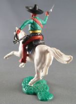 Timpo - Mexicans - Mounted (moulded belt) right arm raised green jacket (pistol) brown legs black hat white galloping (short) ho