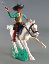 Timpo - Mexicans - Mounted (moulded belt) right arm raised green jacket (pistol) brown legs black hat white galloping (short) ho