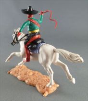 Timpo - Mexicans - Mounted (moulded belt) right arm raised green jacket (whip) brown legs black hat white galloping (long) horse