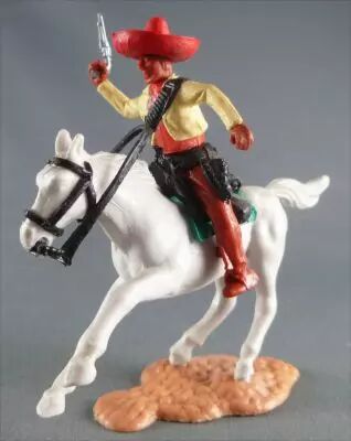 Timpo - Mexicans - Mounted (moulded belt) right arm up yellow jacket (pistol) brown legs red hat white galloping horseg 