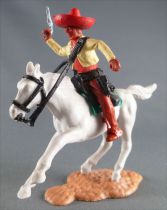 Timpo - Mexicans - Mounted (moulded belt) right arm up yellow jacket (pistol) brown legs red hat white galloping horseg 