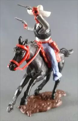 Timpo - Mexicans - Mounted (separate belt) left arm raised grey jacket (2 pistols) blue legs white hat black galloping (short) h