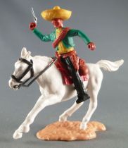Timpo - Mexicans - Mounted (separate belt) right arm up green jacket pistols) black legs yellow hat white galloping (short) hors