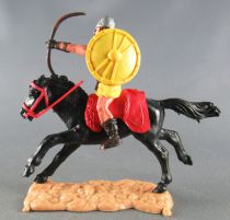 Timpo - Viking - Cavalier Archer (brun) jupe jaune bouclier jaune selle rouge cheval noir galop (long)