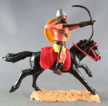 Timpo - Viking - Cavalier Archer (brun) jupe jaune bouclier jaune selle rouge cheval noir galop (long)
