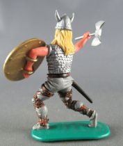 Timpo - Viking - Footed Scale mail shirt fighting (yellow hairs) grey advancing legs double axe gold shield