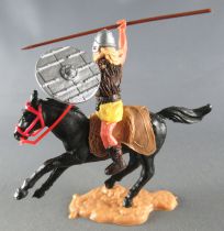 Timpo - Viking - Mounted Visored helmet fur jacket (blond hairs) yellow legs grey shield spear tan saddle galloping (short) blac