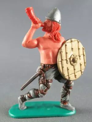 Timpo - Viking - Pi�ton Sonneur de cor (roux) jambes avancant grises bouclier dor� � bandes