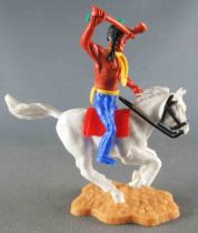 Timpo Indians 2nd series (moulded weapon) Mounted Tomahawk on Front Royal Blue legs White Galloping (bunched) Horse