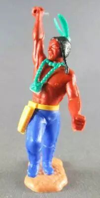 Timpo Indians 3rd series (1 piece head - knife belt) footed right arm raised (knife) dancing legs (toyal blue) green feathers