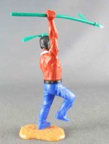 Timpo Indians 3rd series (3 pieces head - knife belt) Footed right arm raised (Green Spear) Blue Dancing legs Green Feather