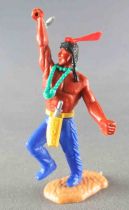 Timpo Indians 3rd series (3 pieces head - knife belt) Footed right arm raised (Tomahawk) Blue Dancing legs Red Feather