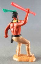 Timpo Indians 3rd series (3 pieces head - knife belt) Footed right arm up & bent (Red Spear) Beige bent legs Green Feather