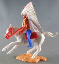 Timpo Indians 3rd series (3 pieces head - knife belt) Mounted Chief Right Arm Raised (tomahawk) Blue legs White Galoping Horse