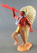Timpo Indians 3rd series (3 pieces head - tail belt) footed Chief Right Arm Raised red spear) beige dancing legs war bonnet