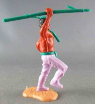 Timpo Indians 3rd series (3 pieces head - tail belt) footed Right Arm Raised (green spear) lilac dancing legs green feather