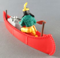 Timpo Indians 4th series (1 piece head - headband 1 feather) Canoe (Cargo Red) fig. paddle on right green shirt yellow pants yel