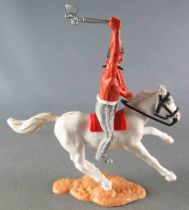 Timpo Indiens 3ème série (tête 3 pièces - ceinture pagne) Cavalier bras droit levé tendu (tomahawk) jambes grises cheval blanc g