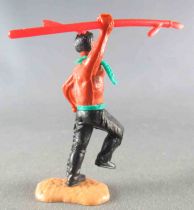Timpo Indiens 3ème série (tête 3 pièces - ceinture pagne) piéton Attaquant Lance (lance rouge) jambe droite levée noir plume rou