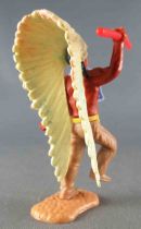 Timpo Indiens 3ème série (tête 3 pièces - ceinture pagne) piéton Chef Attaquant Lance (lance rouge) jambe droite levée beige 