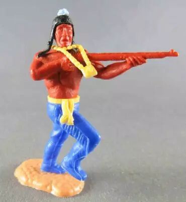 Timpo Indiens 3�me s�rie (t�te 3 pi�ces - ceinture pagne) pi�ton Tireur Fusil jambe droite lev�e bleu roi plume bleu ciel
