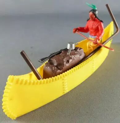 Timpo indiens guerriers canoe avec barre stabilisatrice, feu et travois