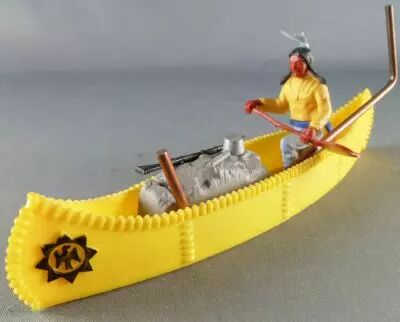 Timpo Indiens 3�me s�rie (t�te monobloc - ceinture �tui) cano� cargo jaune indien (pagaie � gauche) torse jaune pantalon bleu pl