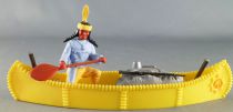 Timpo Indiens 4ème série (tête monobloc - serre tête 1 plume) canoé cargo jaune indien (pagaie à droite) torse bleu pantalon jau