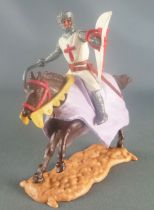Timpo Middle-Age Crusader 1st serie mounted  with both arms outstretched (mace) brown galloping (long) horse purple caparison