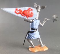 Timpo Middle-Age Great Helm Knight footed light blue & red (axe, black visor) bent legs