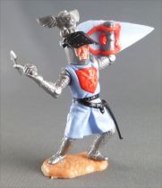 Timpo Middle-Age Great Helm Knight footed light blue & red (axe, black visor) bent legs