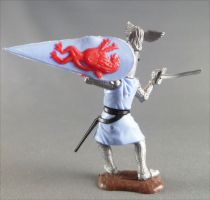 Timpo Middle-Age Great Helm Knight footed light blue & red (sword, black visor) bended legs